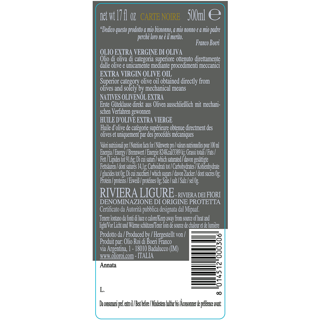 Carte Noire 'Riviera dei Fiori' Riviera Ligure DOP Extra Virgin Olive Oil  16.9 oz